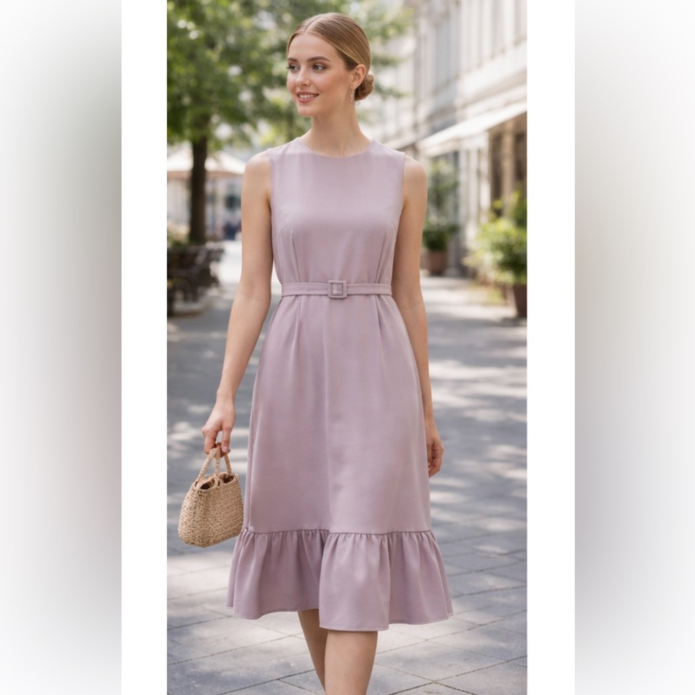NEW CO Sleeveless Wool Blend Belted Flounce Hem MIDI Dress in Soft Lilac Sz S